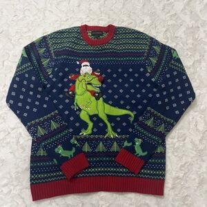 Blizzard Bay Dinosaur Christmas Sweater Large Holiday Ugly Fair Isle Santa Blue